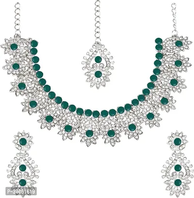 Alloy Rhodium Silver, Green Jewel Set-thumb2