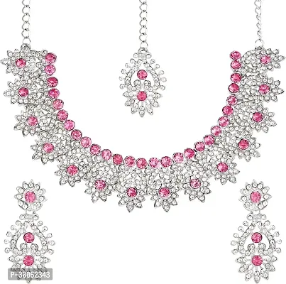 Alloy Rhodium Silver, Pink Jewel Set-thumb2