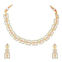 Gold Plated Pink Crystal Necklace Jewellery Set For Women and Girls-thumb1