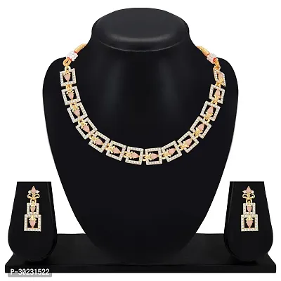 Gold Plated Pink Crystal Necklace Jewellery Set For Women and Girls-thumb3