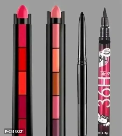 HMG Combo of 5 in 1 matte finish 5 Shades lipstick Red edition and edition, 36 H waterproof long-lasting Eyeliner, Deep Black Kajal (Pack of 4)