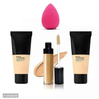 HMG makeup combo of 2 Matte+Poreless tube, liquid concealer with free puff (Pack of 4)