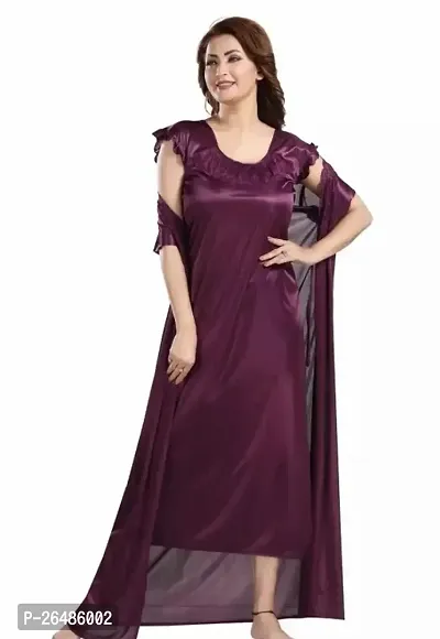 Stylish Purple Satin Solid Nightdress 2 Piece Set