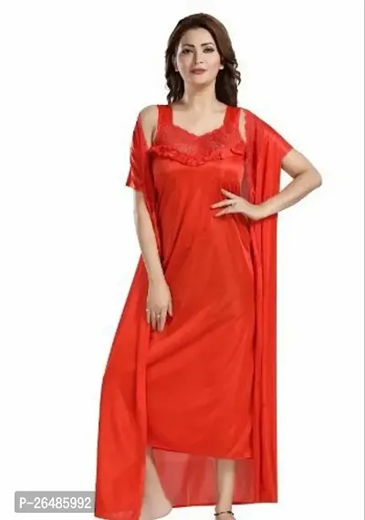 Stylish Red Satin Solid Nightdress 2 Piece Set-thumb0