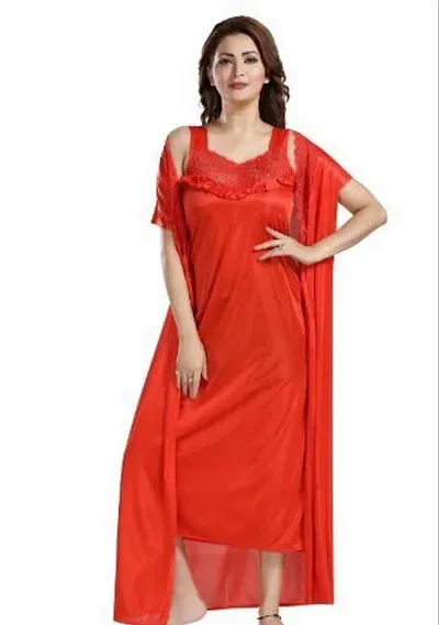 Stylish Satin Solid Nightdress 2 Piece Set