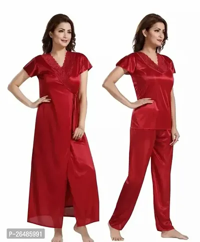 Stylish Red Satin Solid Nightdress 3 Piece Set