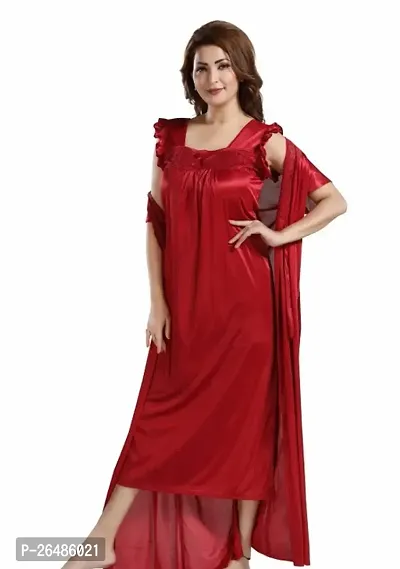 Stylish Red Satin Solid Nightdress 2 Piece Set