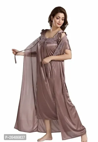 Stylish Coffee Satin Solid Nightdress 2 Piece Set