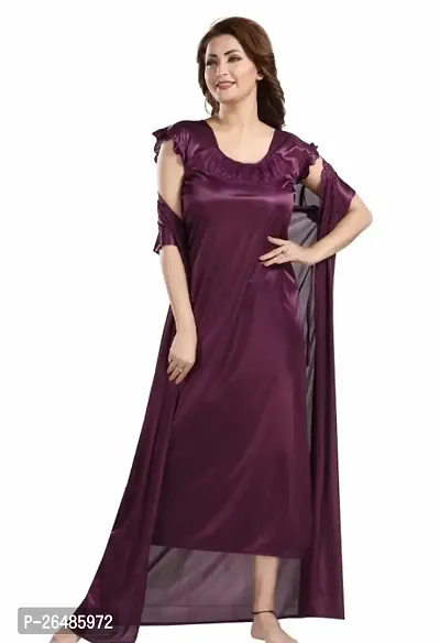 Stylish Purple Satin Solid Nightdress 2 Piece Set-thumb0