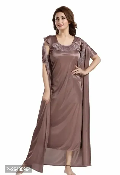 Stylish Coffee Satin Solid Nightdress 2 Piece Set-thumb0