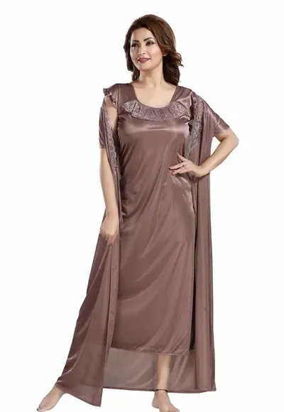 Stylish Satin Solid Nightdress 2 Piece Set