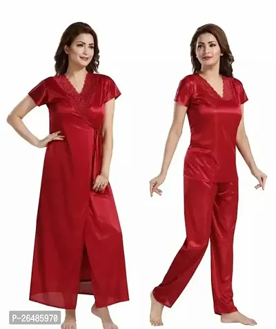 Stylish Red Satin Solid Nightdress 3 Piece Set-thumb0