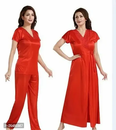 Stylish Red Satin Solid Nightdress 3 Piece Set-thumb0