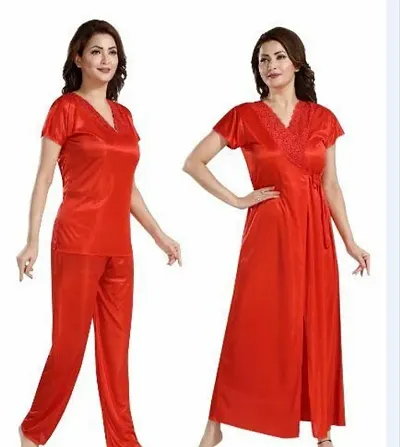 Stylish Satin Solid Nightdress 3 Piece Set