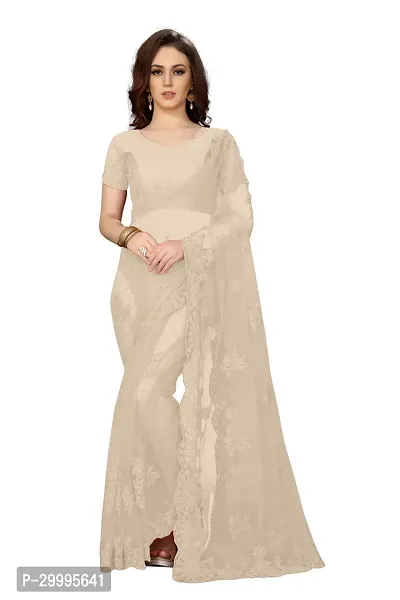 Stylish Beige Net Saree With Blouse Piece For Women-thumb0