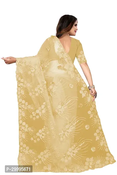 Stylish Beige Net Saree With Blouse Piece For Women-thumb3