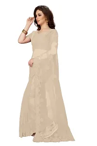 Stylish Beige Net Saree With Blouse Piece For Women-thumb1