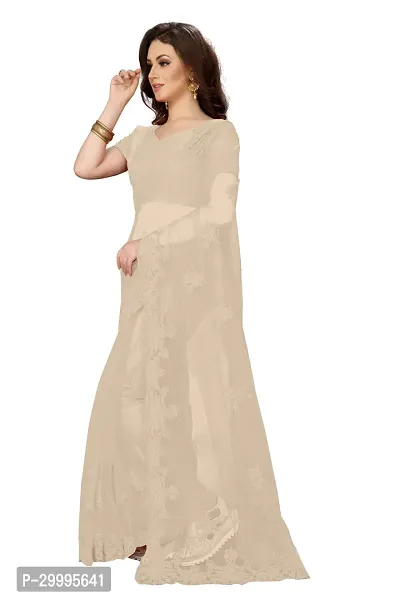 Stylish Beige Net Saree With Blouse Piece For Women-thumb2