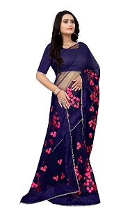 Stylish Navy Blue Net Saree With Blouse Piece For Women-thumb1