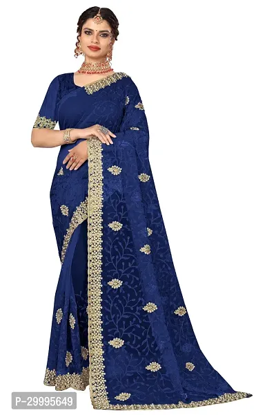 Stylish Navy Blue Net Saree With Blouse Piece For Women-thumb0