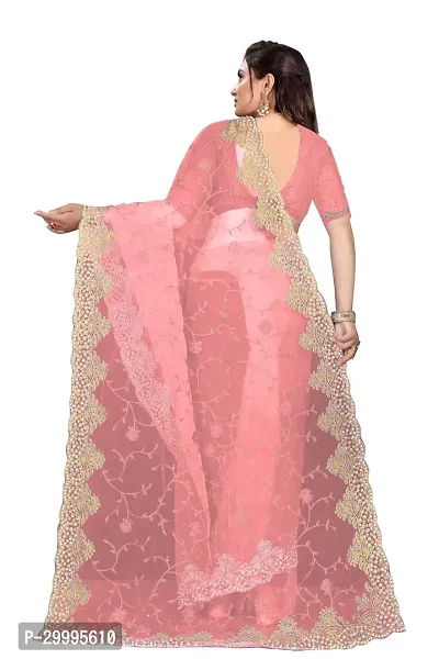 Stylish Peach Net Saree With Blouse Piece For Women-thumb3