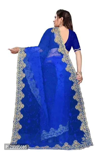 Stylish Blue Net Saree With Blouse Piece For Women-thumb3