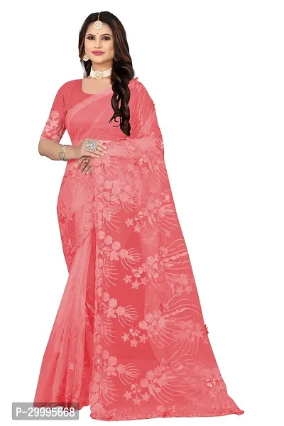 Stylish Peach Net Saree With Blouse Piece For Women-thumb0