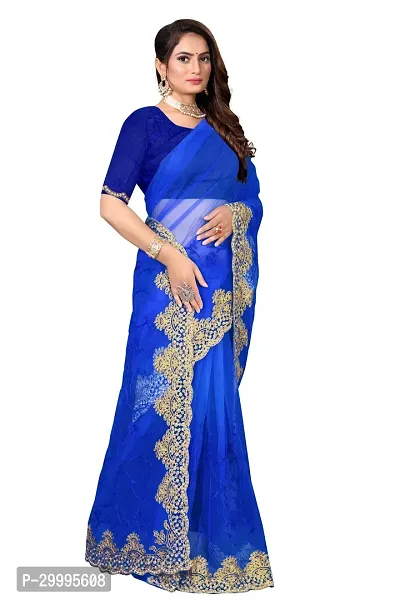 Stylish Blue Net Saree With Blouse Piece For Women-thumb2