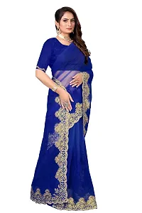 Stylish Navy Blue Net Saree With Blouse Piece For Women-thumb1