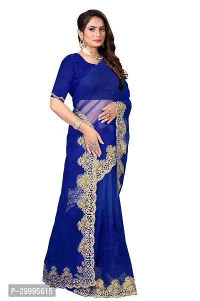 Stylish Navy Blue Net Saree With Blouse Piece For Women-thumb2