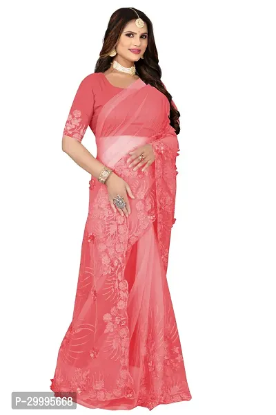 Stylish Peach Net Saree With Blouse Piece For Women-thumb2