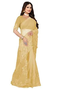 Stylish Beige Net Saree With Blouse Piece For Women-thumb1