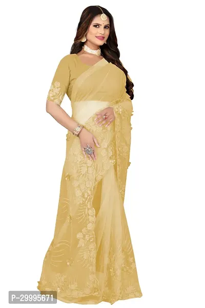 Stylish Beige Net Saree With Blouse Piece For Women-thumb2