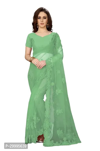 Stylish Green Net Saree With Blouse Piece For Women-thumb0