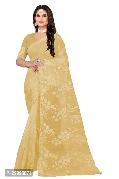 Stylish Beige Net Saree With Blouse Piece For Women