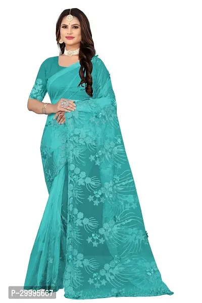 Stylish Turquoise Net Saree With Blouse Piece For Women-thumb0