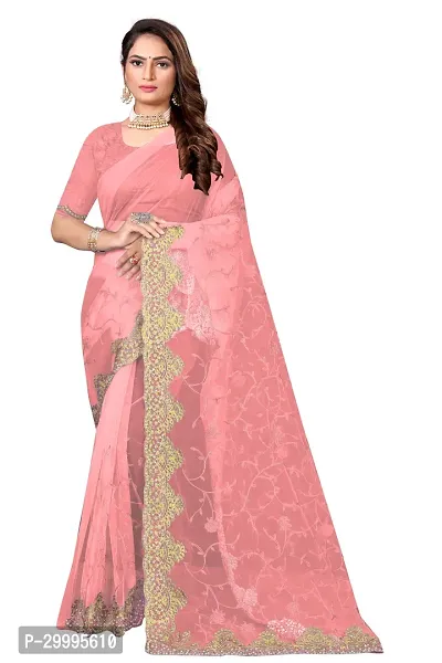 Stylish Peach Net Saree With Blouse Piece For Women-thumb0