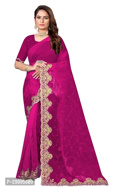 Stylish Pink Net Saree With Blouse Piece For Women