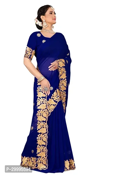 Stylish Navy Blue Georgette Saree With Blouse Piece For Women-thumb2