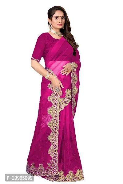 Stylish Pink Net Saree With Blouse Piece For Women-thumb2