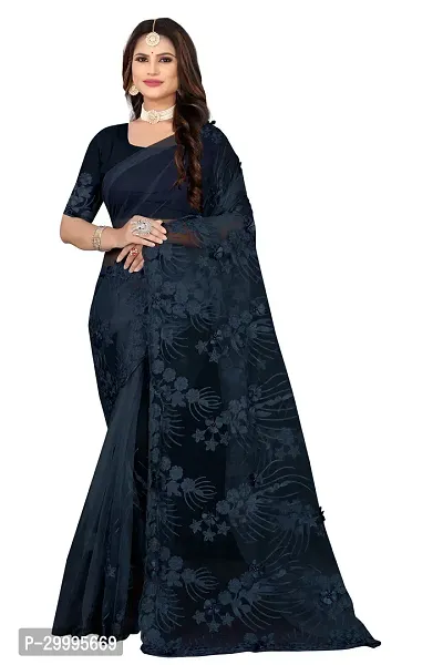 Stylish Black Net Saree With Blouse Piece For Women-thumb0