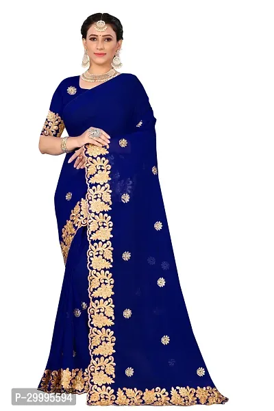 Stylish Navy Blue Georgette Saree With Blouse Piece For Women-thumb0