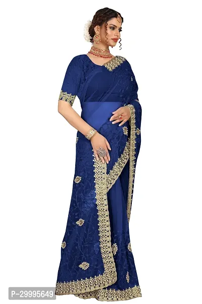 Stylish Navy Blue Net Saree With Blouse Piece For Women-thumb3