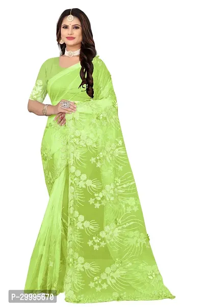 Stylish Light Green Net Saree With Blouse Piece For Women-thumb0