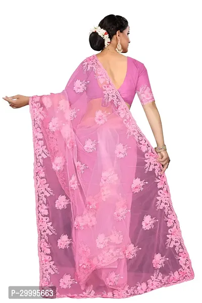 Stylish Pink Net Saree With Blouse Piece For Women-thumb2