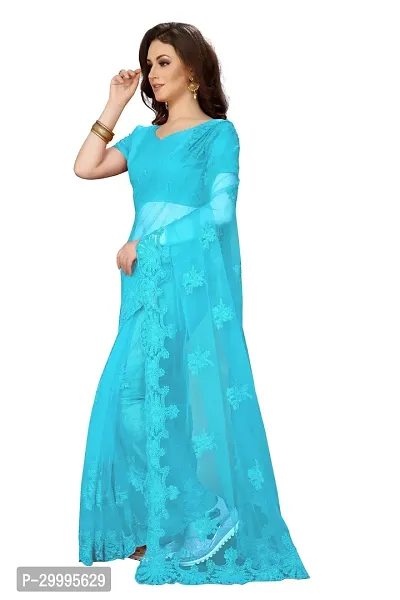 Stylish Sky Blue Net Saree With Blouse Piece For Women-thumb2