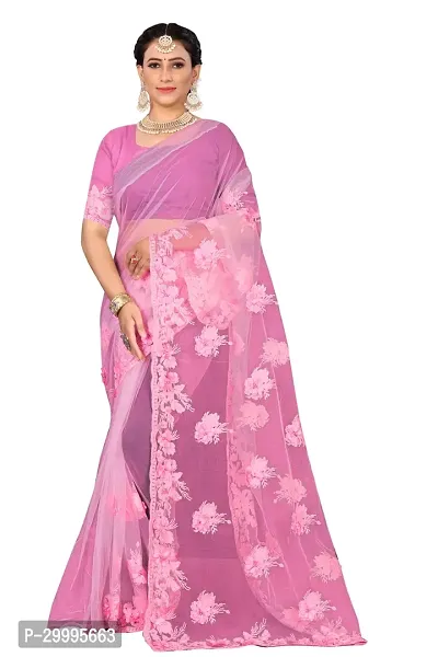 Stylish Pink Net Saree With Blouse Piece For Women-thumb0