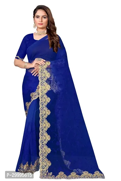 Stylish Navy Blue Net Saree With Blouse Piece For Women