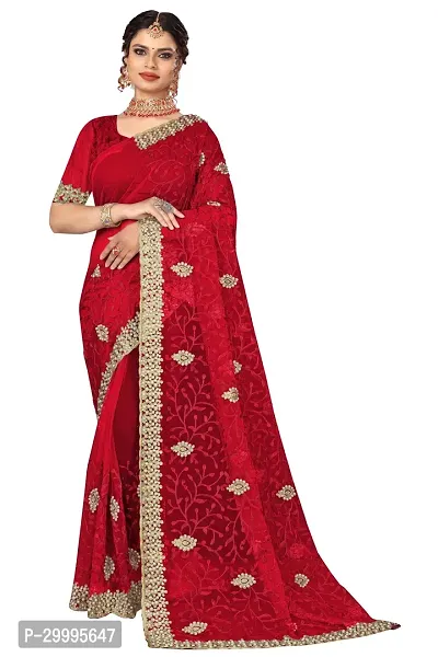 Stylish Red Net Saree With Blouse Piece For Women