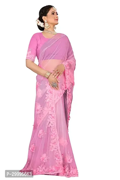 Stylish Pink Net Saree With Blouse Piece For Women-thumb4